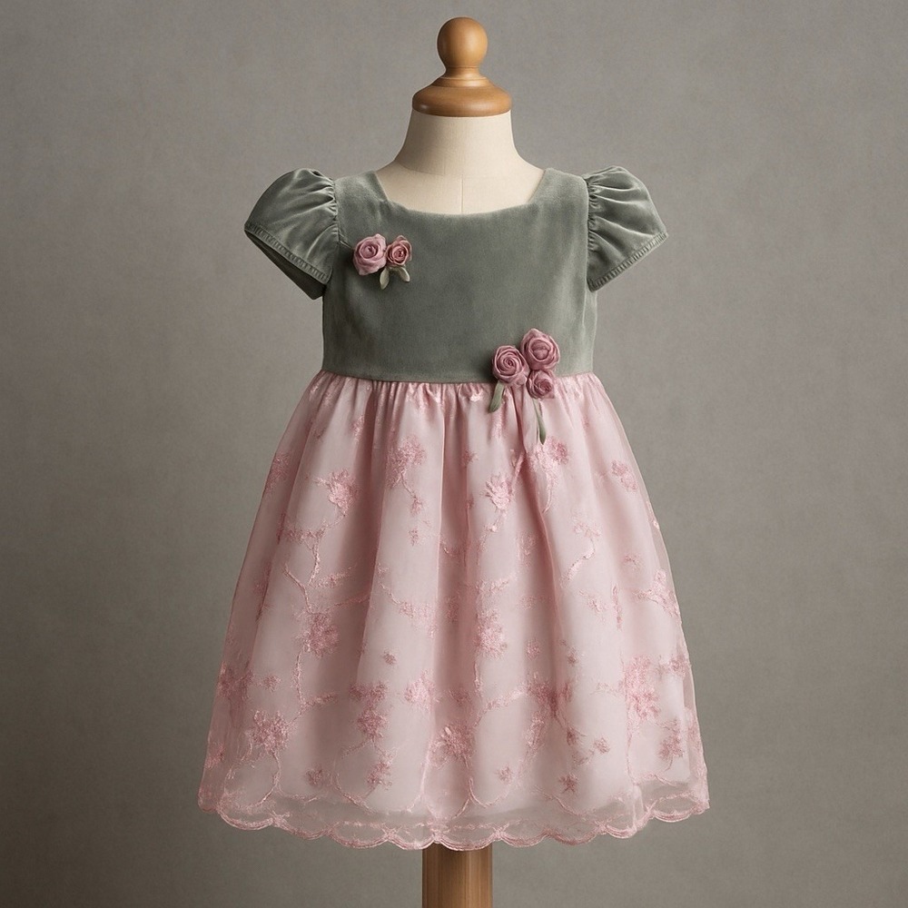 Laura Ashley Girls 4 Velvet Pink Floral Party Portrait Holiday Dress Vintage Y2K
